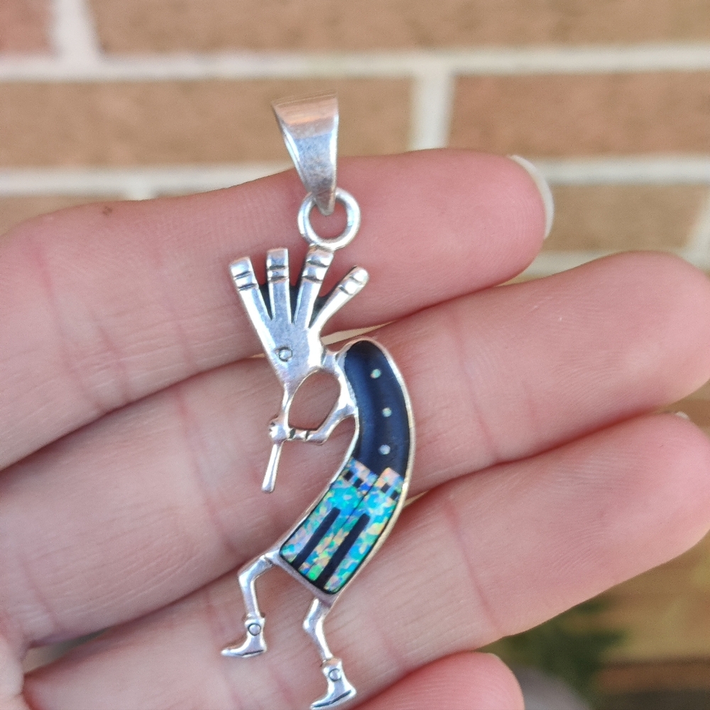 Vintage Sterling Fire Opal Kokopelli Pendant - Picture 6 of 6